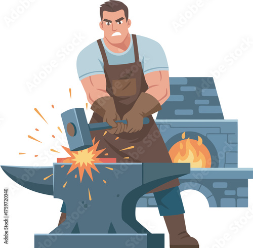 Cartoon illustration of a blacksmith striking hot metal on an anvil, with a furnace in the background.