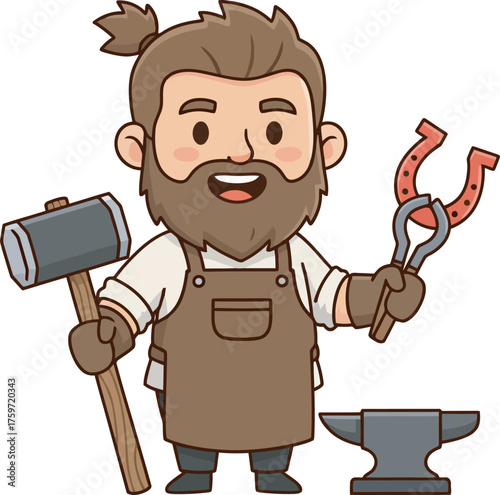 Cartoon depiction of a blacksmith holding a hammer and horseshoe with an anvil at his feet.