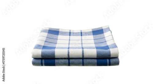 Two neatly folded blue and white checkered tea towels stacked against a pale green background.
