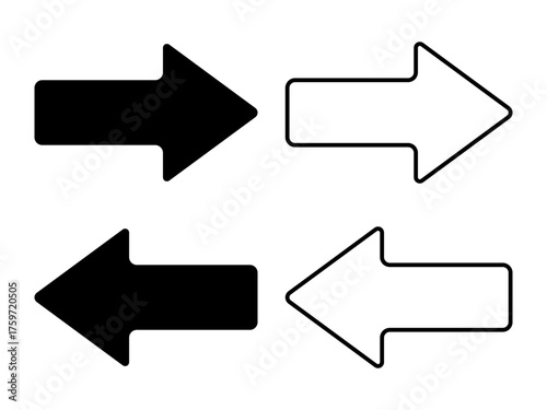 Straight pointed arrow icon set. Black arrow pointing to the right and left. Arrow sign vector asset. perfect for navigation, direction, and interface design.