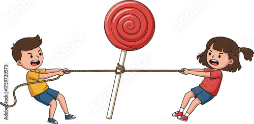 Children tug of war with giant lollipop, playful cartoon vector, fun competition, childhood game, sweet candy illustration, humorous concept design