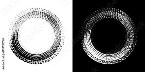 Dynamic abstract spiral sound wave rhythm lines. Circular spiral sound wave rhythm of lines. Circular futuristic abstract lines, black and white background.	
