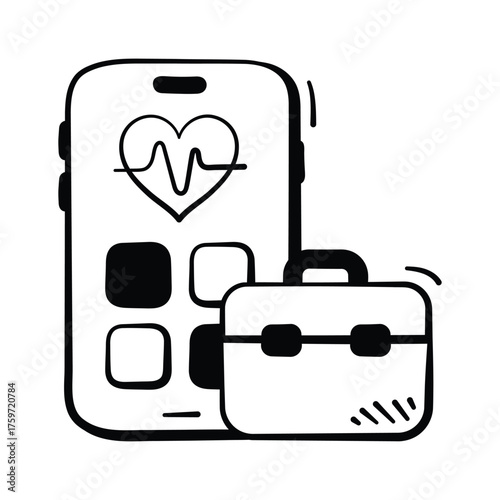 Hand drawn smartphone with health and heart icons for mobile healthcare app.