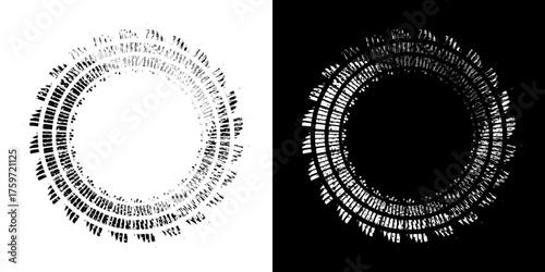 Dynamic abstract spiral sound wave rhythm lines. Circular spiral sound wave rhythm of lines. Circular futuristic abstract lines, black and white background.	
