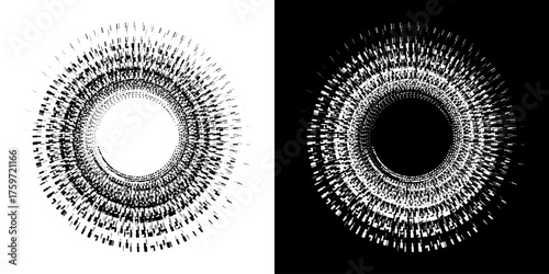 Dynamic abstract spiral sound wave rhythm lines. Circular spiral sound wave rhythm of lines. Circular futuristic abstract lines, black and white background.	

