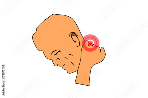 Vector illustration of a person suffering from neck pain, massaging the sore spot on their neck.