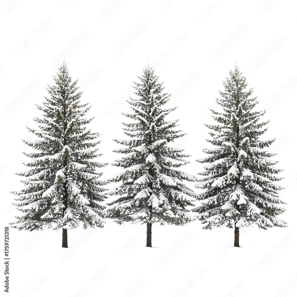 Obraz premium Three realistic evergreen pine trees heavily covered in fresh snow in winter landscape isolated on transparent background