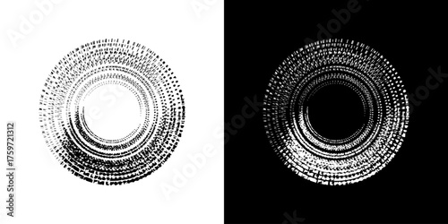 Dynamic abstract spiral sound wave rhythm lines. Circular spiral sound wave rhythm of lines. Circular futuristic abstract lines, black and white background.	
