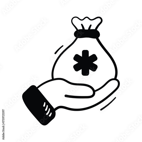 Hand holding money bag with cross symbolizing healthcare cost and funding hand drawn icon