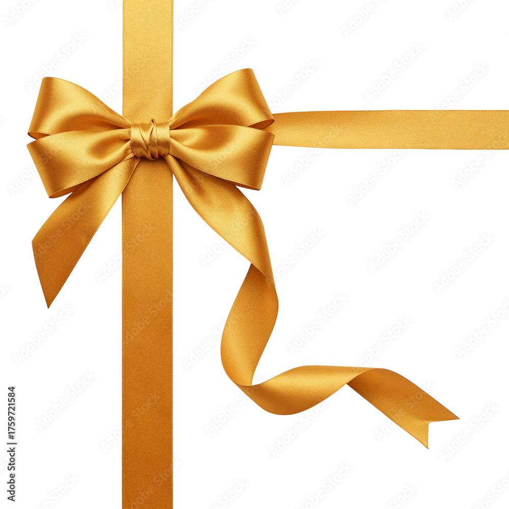 Fototapeta premium Elegant golden ribbon bow tied with satin silk for festive gift wrapping and special occasion decoration isolated on transparent background