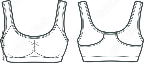 CAD drawing flat vector illustration of sports bra front and back view, fashion garment technical sketch template, activewear clothing design
