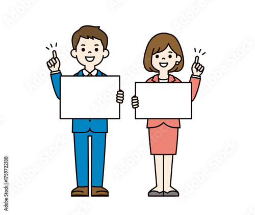 フリップを持って説明する、スーツを着た若い男女の全身ベクターイラスト素材セット＿カラー