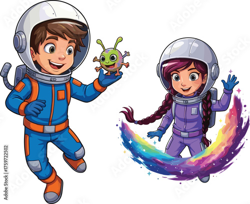 Cartoon children astronauts in space, colorful suits, friendly alien, magical cosmic trail, imaginative play, STEM, fantasy, floating, white background