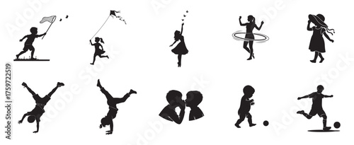 Children play activities silhouette vector set including kite, butterfly, hoop, cartwheel, handstand, soccer, and toddler