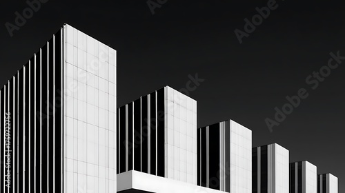 A dramatic black and white photograph presents a row of tall, modern buildings with strong vertical lines against a dark sky, highlighting the architectural grandeur and urban landscape