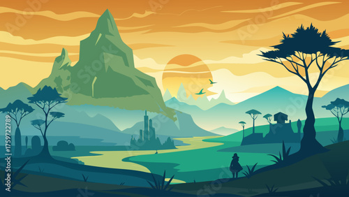 Fantasy landscape with mountains river and a lone figure at sunset