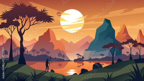 Stylized landscape with mountains lake and lone figure at sunset