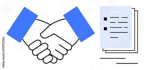 Handshake signifying agreement next to contract documents with checkmarks. Ideal for partnership, collaboration, agreement, business deal, negotiation, trust, and teamwork. A simple flat metaphor