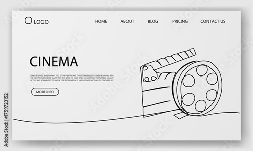 Minimalist web homepage design with film clapperboard and reel, vector layout for cinema-themed websites