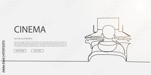 Web interface concept with person watching a movie on big screen, linear homepage for cinema or video platforms