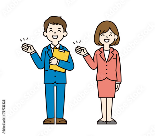 資料を持って紹介する、若い会社員の男性と女性の全身ベクターイラスト素材セット＿カラー