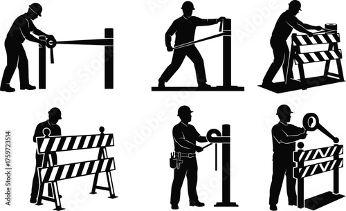 Construction workers with safety barriers and caution tape, vector silhouettes showing workplace hazard prevention, barricade setup, inspection, and security control