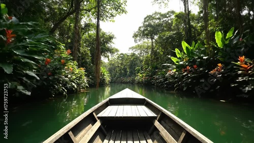 Serene Jungle River Scene with Boat Surrounded by Lush Greenery