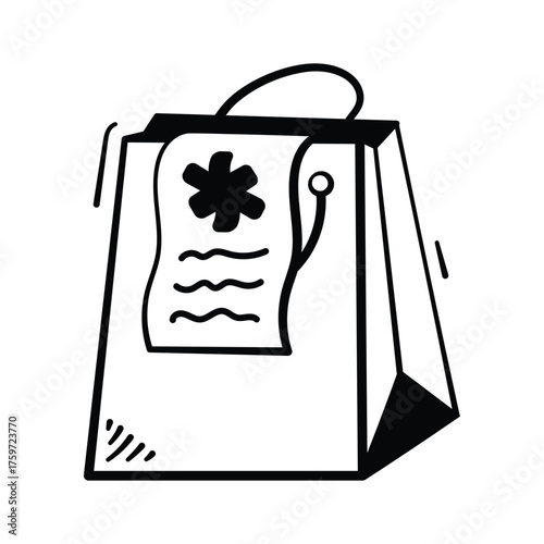 Shopping bag with cross representing medicine purchase or delivery, hand drawn vector design
