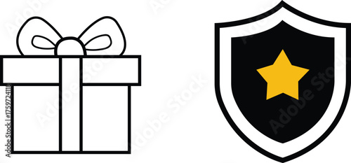 Gift and Security: Illustration showing a gift box with a ribbon and a badge with a golden star, symbolise the values of protection, reward and recognition.