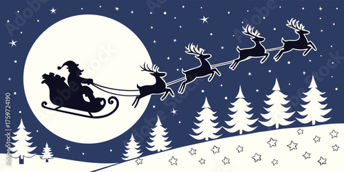 Night before Christmas: A silhouette of Santa Claus and his reindeer team delivering joy, gliding across a night sky filled with a full moon and twinkling stars.