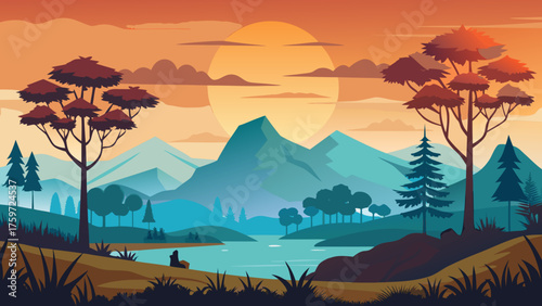 Serene mountain landscape at sunset with a lone figure