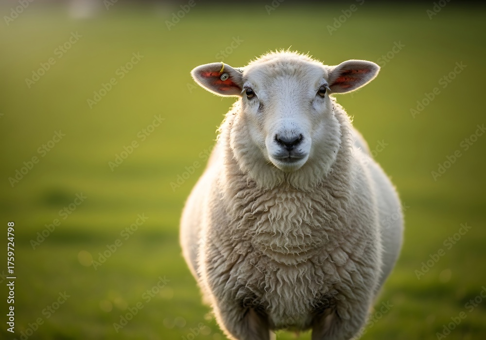 Fototapeta premium A fluffy white sheep stands in a vibrant green pasture, looking directly at the camera with a soft, blurred background.