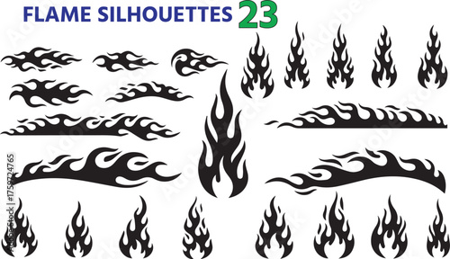 Collection of black flame silhouettes and tribal fire designs on a white background