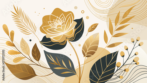 Elegant floral design with gold and dark green leaves and flower