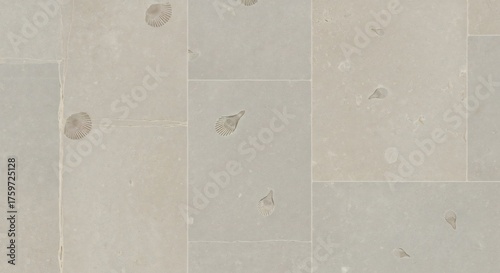 Pale stone tiles arranged in a pattern some with embedded fossilized seashell imprints
