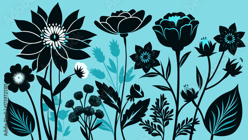 Stylized black and teal floral silhouettes on a light blue background