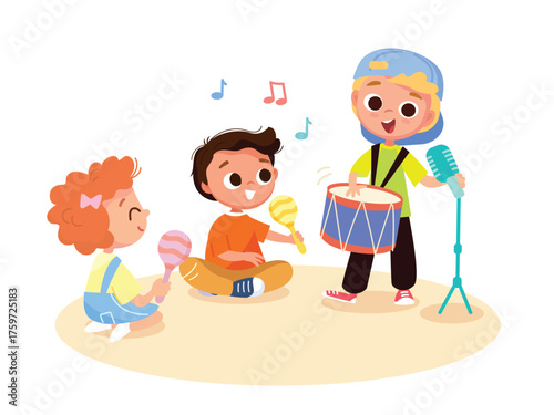 Children, kids play musical instruments together, music class. Young students learn, play, practice music. Сhildren’s band rehearses & studies ethnic songs, melodies.Kids are learning rhythm and notes