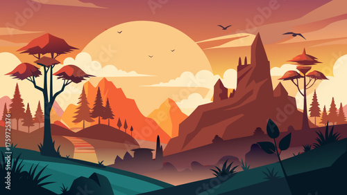 Stylized mountain landscape at sunset with castle and trees