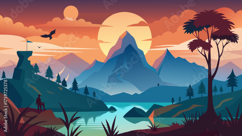 Serene mountain landscape at sunset with a lone hiker