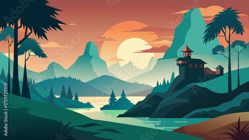 Serene mountain landscape with a lakeside castle at sunset