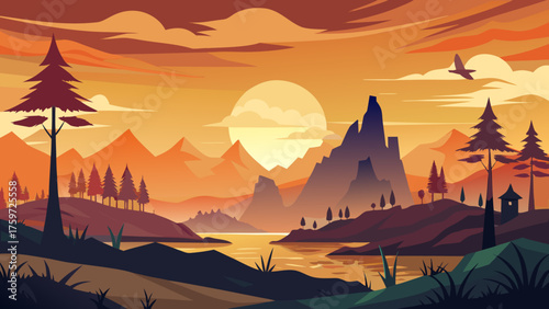 Vibrant sunset over a mountainous landscape with a lake