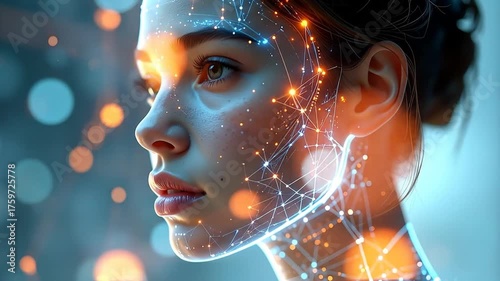 A woman's face is overlaid with glowing, interconnected nodes and lines, suggesting a connection to technology and networks.