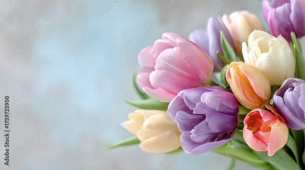 Obraz premium Delicate pastel tulips bloom against a soft blue background.