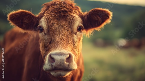 Brown cow looks directly into the camera with soft focus background.