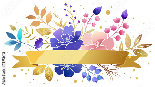 Floral banner with golden ribbon and scattered dots
