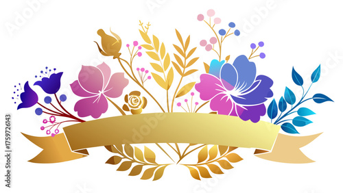 Elegant floral banner with gold ribbon and gradient flowers
