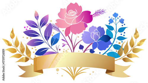 Floral banner with roses and golden leaves