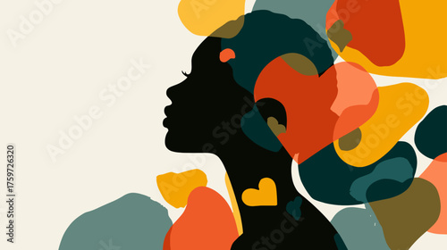 Contemporary abstract woman silhouette with overlapping colorful shapes symbolizing diversity, creativity, empowerment, and modern feminine strength, elegant vector background design.
