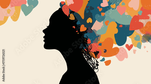 Contemporary abstract woman silhouette with overlapping colorful shapes symbolizing diversity, creativity, empowerment, and modern feminine strength, elegant vector background design.
