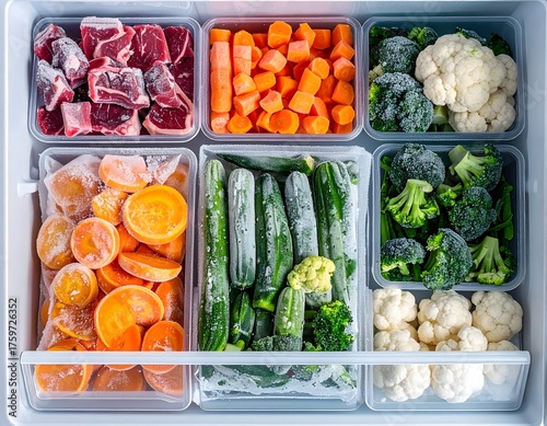 Top view of assorted frozen food in a freezer